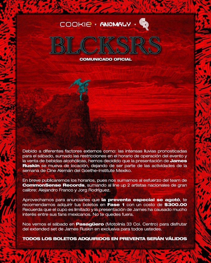 Nos vemos el sábado en Pasagüero (Motolinía 33 Col. Centro) para disfrutar del extended set de James Ruskin en exclusiva para todos ustedes.

TODOS LOS BOLETOS ADQUIRIDOS EN PREVENTA SERÁN VÁLIDOS